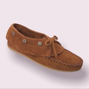 Minnetonka moccasins with fringe and studs